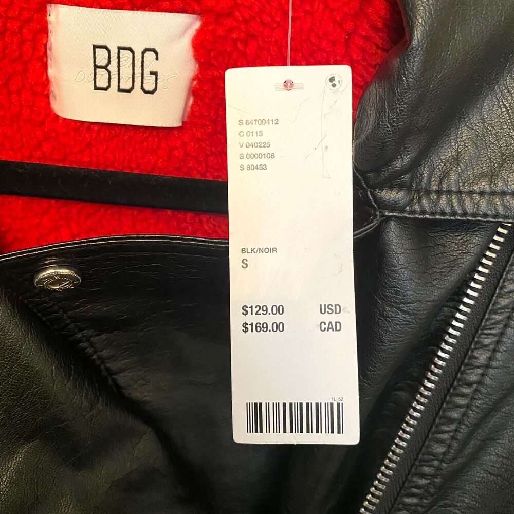 BDG Black Faux Leather Small Cropped Biker Jacket Red Lined NWT Urban Outfitters - Picture 4 of 8